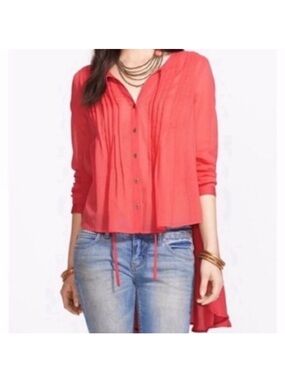 Free People Coral Pink Sisters Of The Moon, High-Low Pin-tuck  Blouse